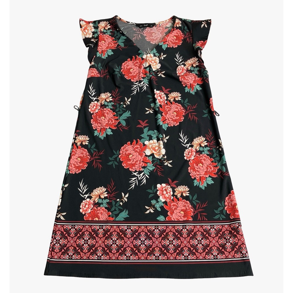 F&F Floral Mini Shift Dress Womens 4 Black V-Neck‎ Flutter Sleeve Boho Cottage